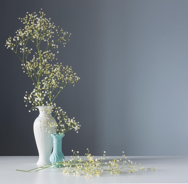 Gypsophila fiori in vaso bianco su sfondo blu