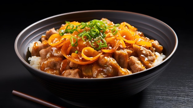 Gyudon tagliato a fettine sottili di manzo e cipolle servito su riso