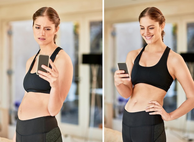 Ha fatto grandi progressi Prima e dopo lo scatto di una giovane donna che si fa dei selfie per tenere traccia dei suoi progressi