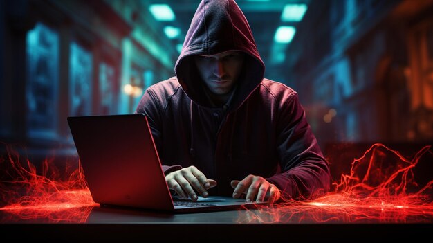 Hacker al desktop che utilizza un laptop con interfaccia aziendale digitale su sfondo scuro sfocato Concetto di hacking e attacco Doppia esposizione Foto di alta qualità