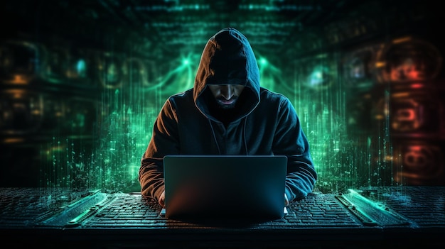Hacker al desktop che utilizza un laptop con interfaccia aziendale digitale su sfondo scuro sfocato Concetto di hacking e attacco Doppia esposizione Foto di alta qualità