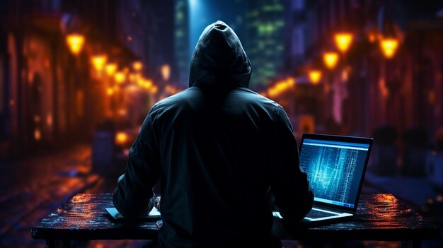 Hacker anonimo circondato da una rete di dati luminosi Cybersecurity Cybercrime Cyberattack G