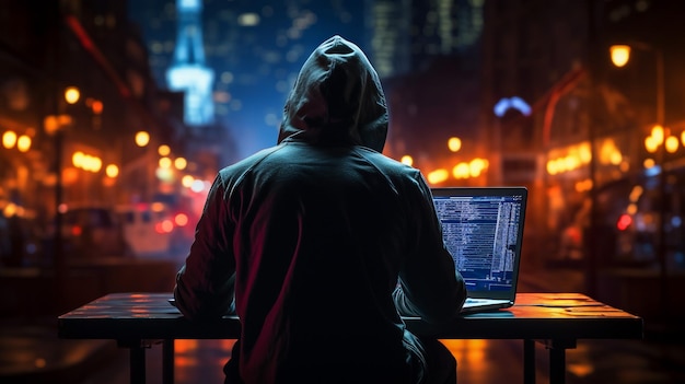 Hacker anonimo circondato da una rete di dati luminosi Cybersecurity Cybercrime Cyberattack G