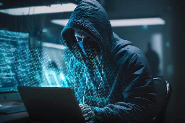 Hacker anonimo con cappuccio e maschera all'interno del data center Postprodotto