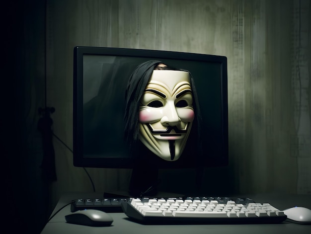 Hacker anonimo sullo schermo del monitor del computer Concetto di hacking cybersecurity cybercrime attacco informatico