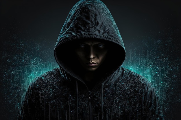Hacker asiatico con uno sfondo a matrice che indossa un cappuccio nero