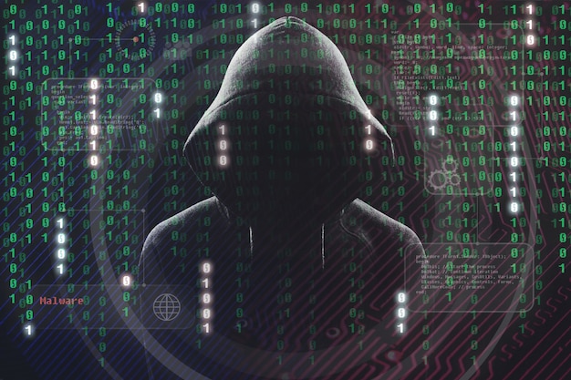 hacker at work with graphic user interface around
