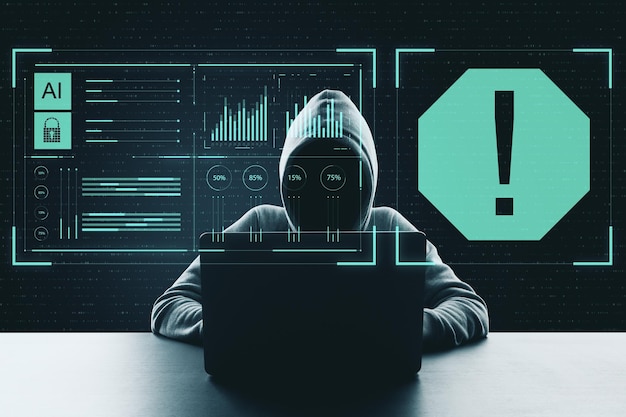 Hacker attack concept with thief using laptop and digital screen with technology security diagram