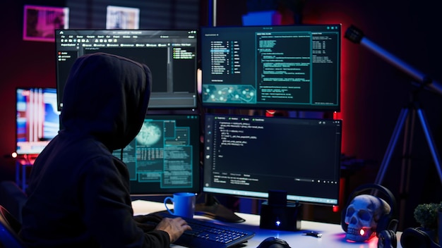 Hacker che usa il PC per rubare dati rivolti a sistemi di sicurezza non aggiornati