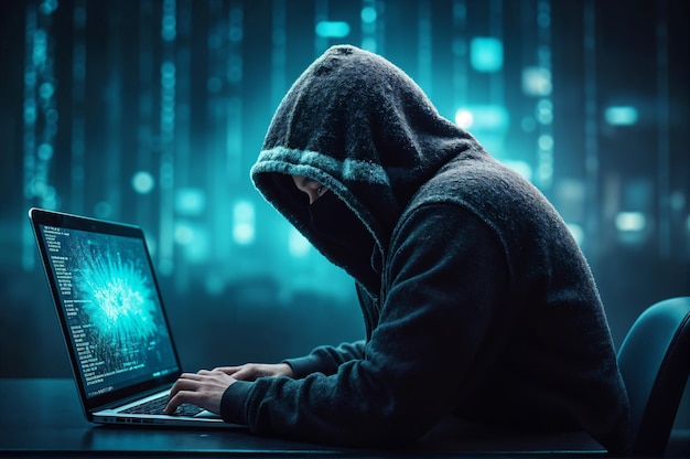 Hacker che usa un portatile per accedere ai dati