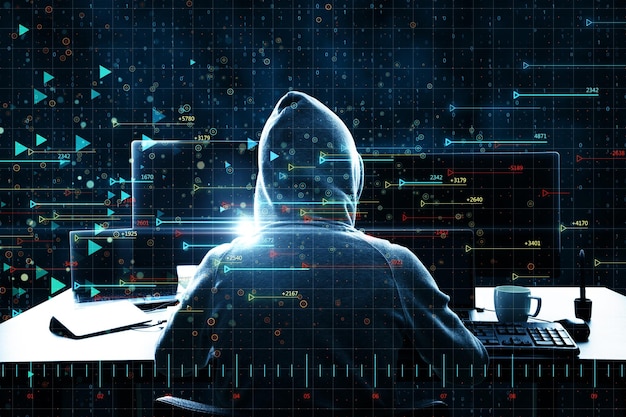 Hacker che utilizza computer desktop con interfaccia con frecce digitali su sfondo scuro Concetto di hacking e tecnologia Doppia esposizione
