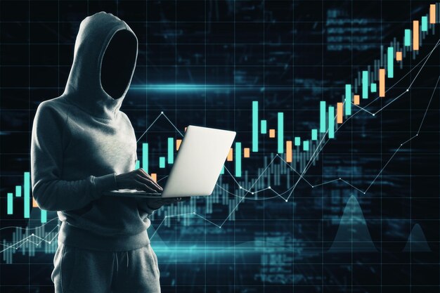 Hacker che utilizza un computer portatile su sfondo scuro con grafico forex candelabro Finanza commerciale e concetto di sicurezza