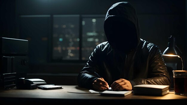 Hacker che utilizza un laptop in un ufficio buio di notte Uomo con cappuccio e maschera che lavora sul computer