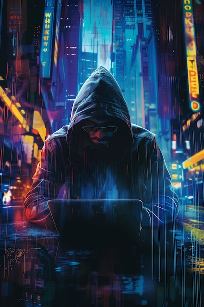 Hacker con cappuccio con laptop e cityscape digitale