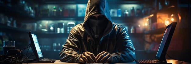 Hacker con cappuccio sfrutta la vulnerabilità di Log4J nella sala server Cybersecurity e concetto di malware