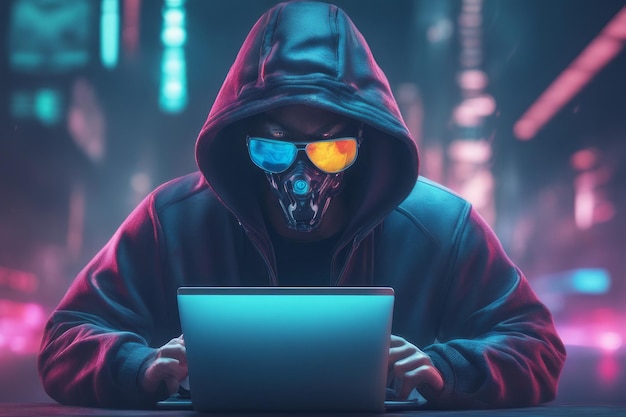 hacker con computer e maschera sullo sfondo hacker informatico con felpa con cappuccio e laptop e cappuccio sullo sfondo