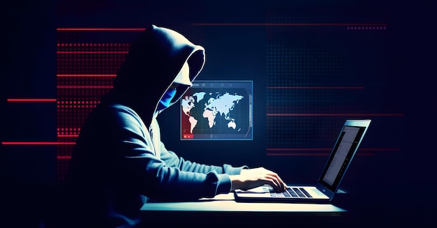 Hacker con felpa con cappuccio Concetto di dark web cybercrime attacco informatico AI immagine generata