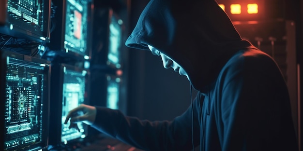 Hacker con il cappuccio nero nella sala server persone irriconoscibili il concetto di tecnologia
