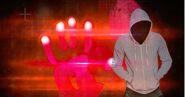 Hacker con le mani in tasca in piedi a forma di mano