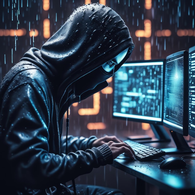 hacker con una felpa con cappuccio nera e un hacker in un ufficio buio l'hacker sta hackerando l'hacker è nell'inter