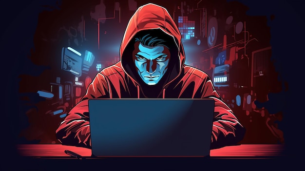 hacker dietro un laptop hacker con cappuccio rosso