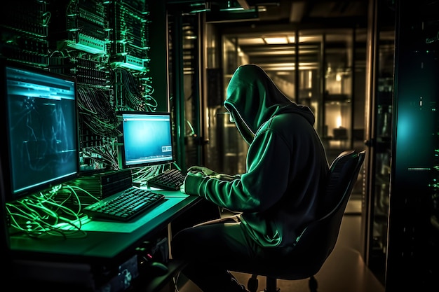 Hacker e concetto di sicurezza informatica Hacker incappucciato al lavoro