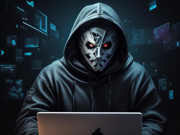 Hacker e malware concetto pericoloso uomo hacker con cappuccio che utilizza un portatile con interfaccia digitale a codice binario