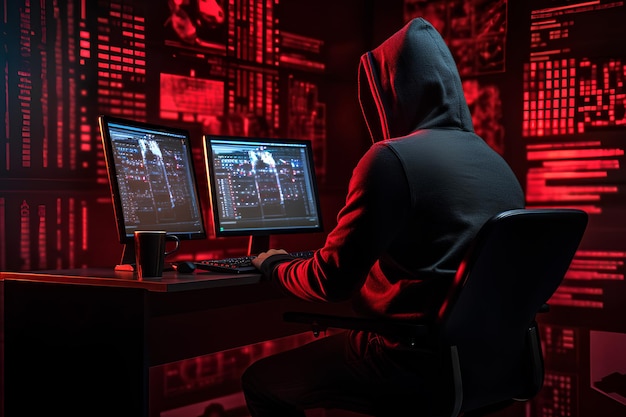 Hacker in camera oscura Concetto di criminalità su Internet IA generativa