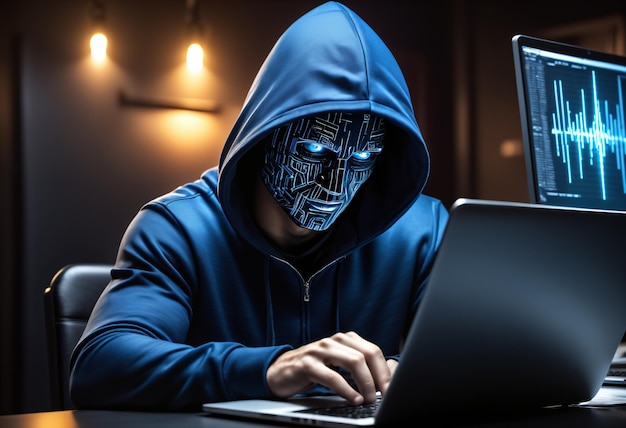 Hacker in cappuccino blu scuro seduto davanti a un portatile Generative AI