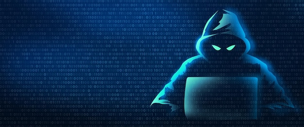 Hacker in codice binario sfondo digitale Criminalità informatica e hacking della privacy su Internet Sicurezza della rete Attacco informatico Computer Virus Ransomware e Malware Concept Illustrazione 2D