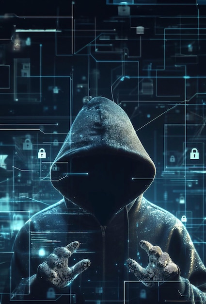 hacker in mysterious looking hood is using hologram graphics network password cracking program generative ai illustration