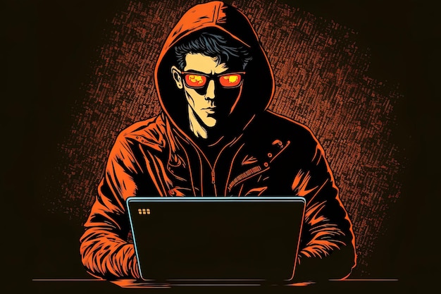 Hacker in occhiali da sole con laptop