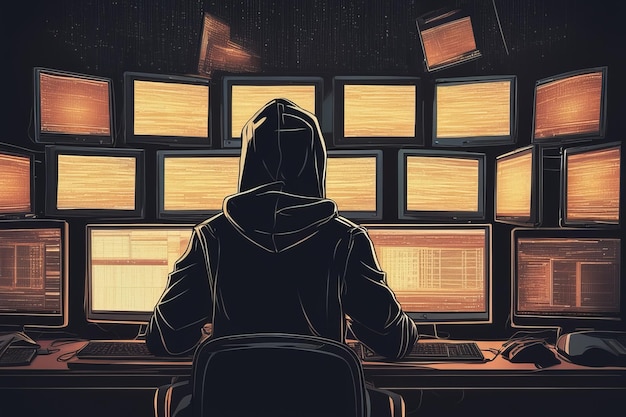 hacker in un computerhacker in un computerhacker che utilizza un computer portatile in una stanza buia hacking truffatore