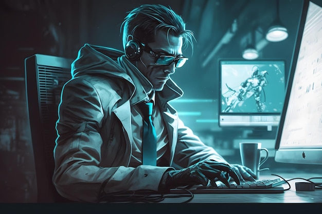Hacker in una felpa con cappuccio blu in piedi davanti a uno sfondo di codice Rete neurale AI generata