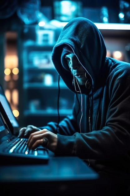 Hacker in una stanza buia con una maschera sul viso