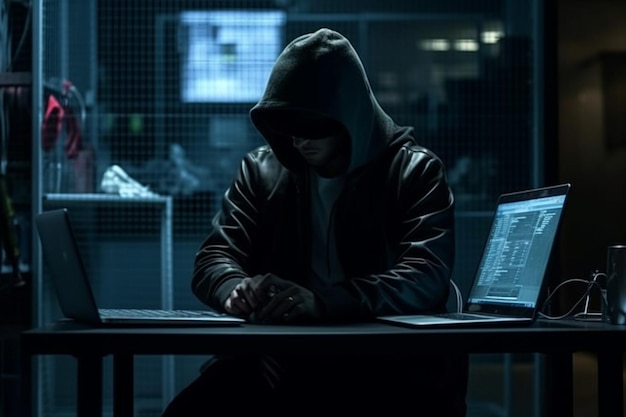 Hacker incappucciato che ruba dati dal laptop di notte in una stanza buia