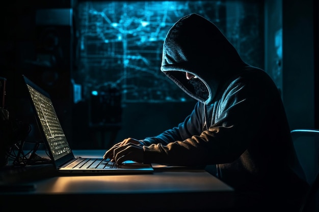 Hacker incappucciato che ruba dati dal laptop di notte in una stanza buia