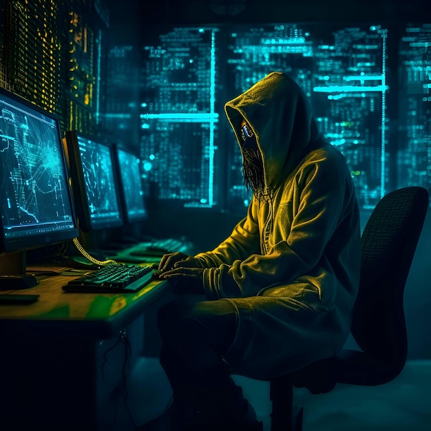 Hacker incappucciato che utilizza il computer in una stanza buia