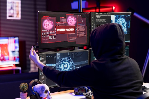 Hacker inserting flash drive in pc to bypass security using exploit doing covert operations rogue