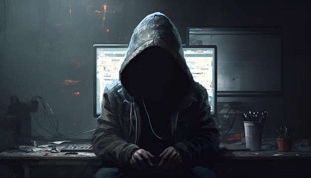 hacker maschio con guanti e laptop.