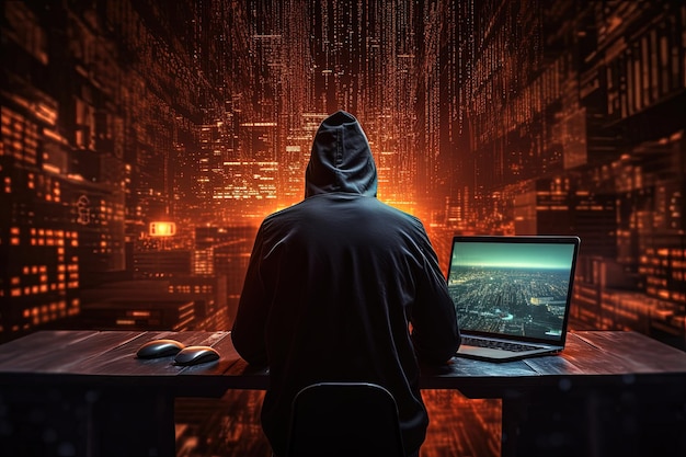 Hacker nel processo di hacking della rete. Una persona seduta davanti a più monitor. Immagine astratta di un hacker. Minaccia alla sicurezza informatica.