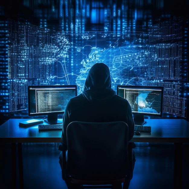 hacker seduto al computer concetto di sicurezza informatica e antispyware AI generato
