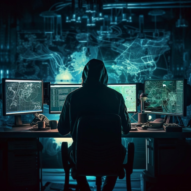 hacker seduto al computer concetto di sicurezza informatica e antispyware AI generato