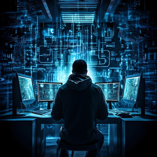 hacker seduto al computer concetto di sicurezza informatica e antispyware AI generato