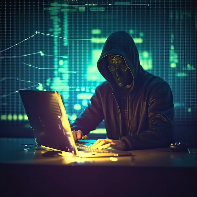 Hacker uomo usa notebook computer rubare dati confidenziali informazioni personali sicurezza informatica e tecnologia illustrazione generativa AI