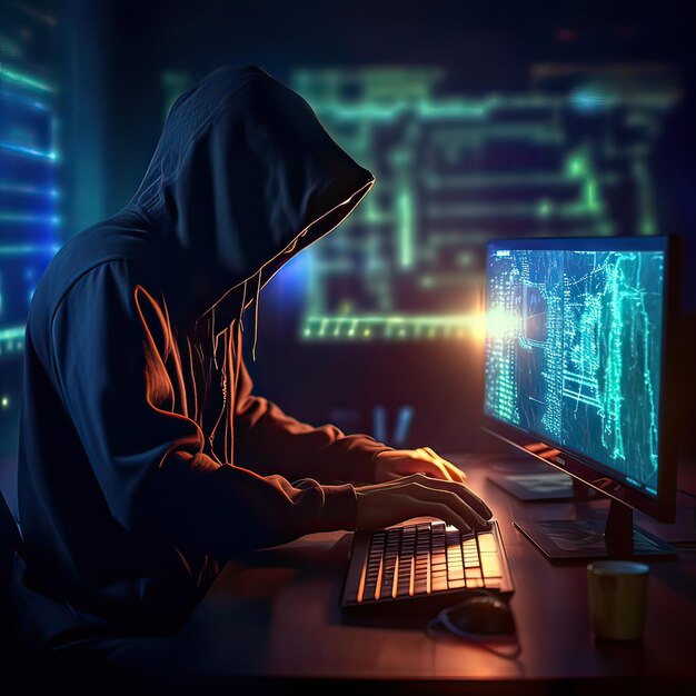 Hacker uomo usa notebook computer rubare dati confidenziali informazioni personali sicurezza informatica e tecnologia illustrazione generativa AI