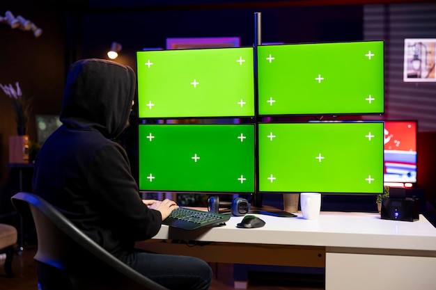 Hacker using chroma key computer to gain unauthorized network access targeting unpatched connections