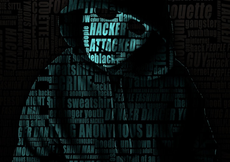 Photo hacker wearing white mask with many characters internet fraud darknet and cyber security concept