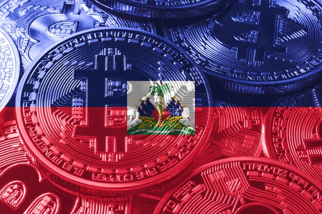 Haiti bitcoin flag, bandiera nazionale criptovaluta concetto sfondo nero