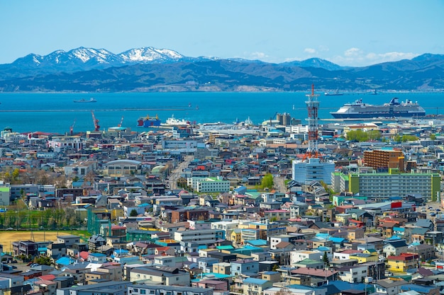 Hakodate skyline della città in primavera giornata di sole mattina Hokkaido in Giappone